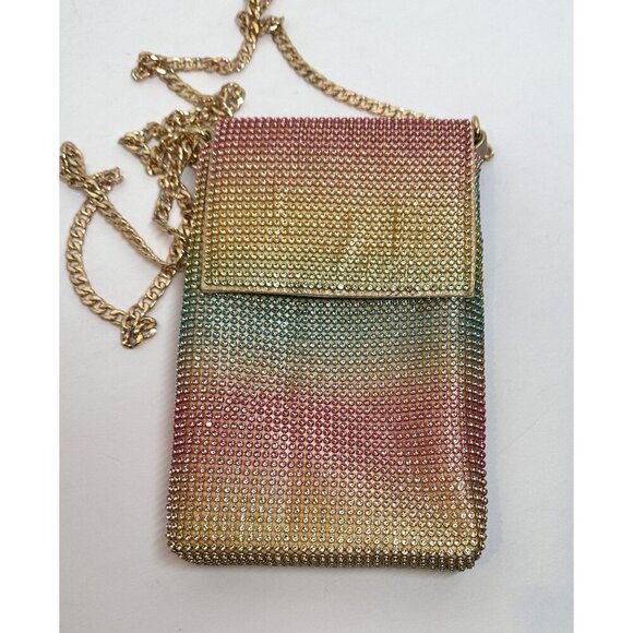 JustFab Handbags - JustFab Rhinestone Crossbody‎ Purse Rainbow Ombre Gold Long & Short Chain Straps